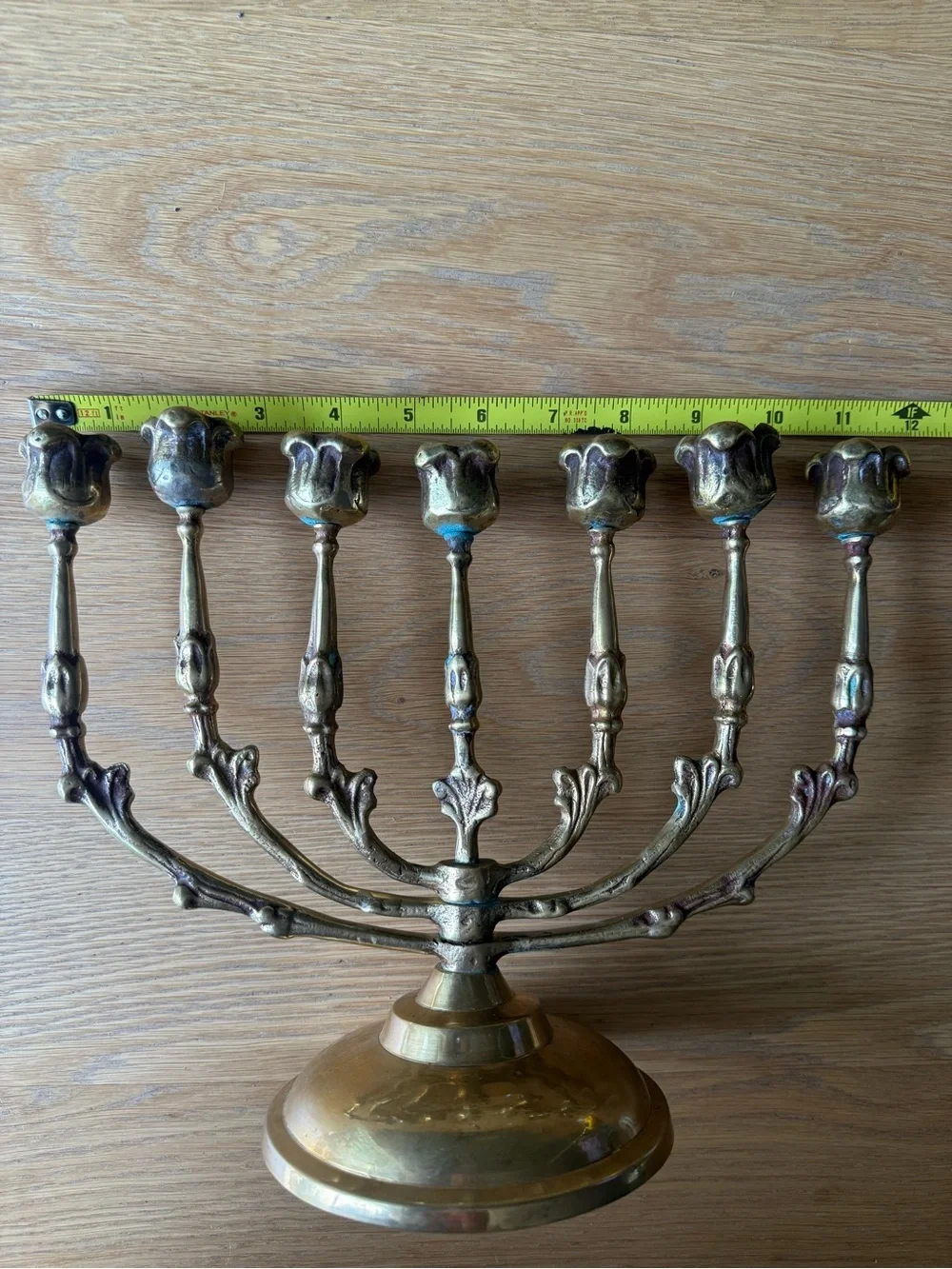 Vintage Brass Menorah 7 Swivel Arms Korea Gold 1960s 9” Tall Buds Floral